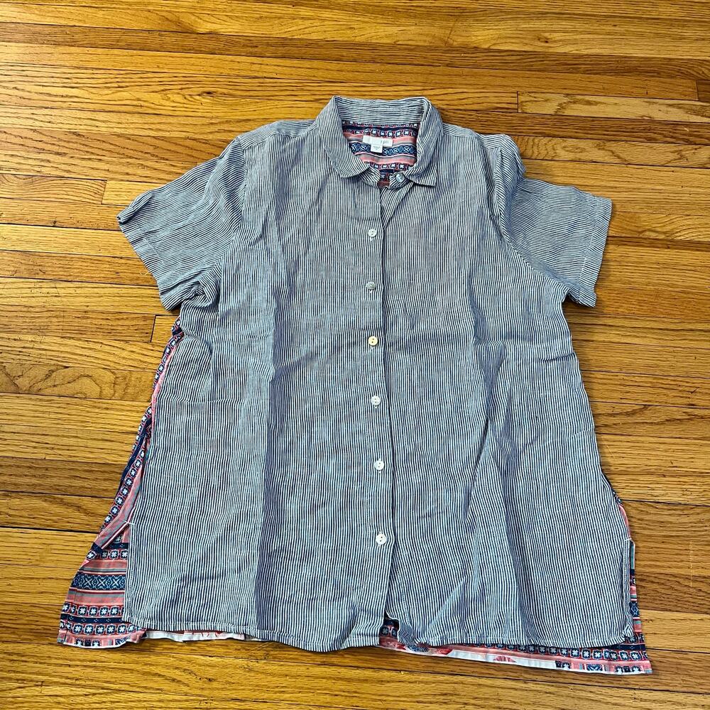 J Jill Shirt Womens Medium Floral Back Striped Linen Cotton Short Sleeve Boho
